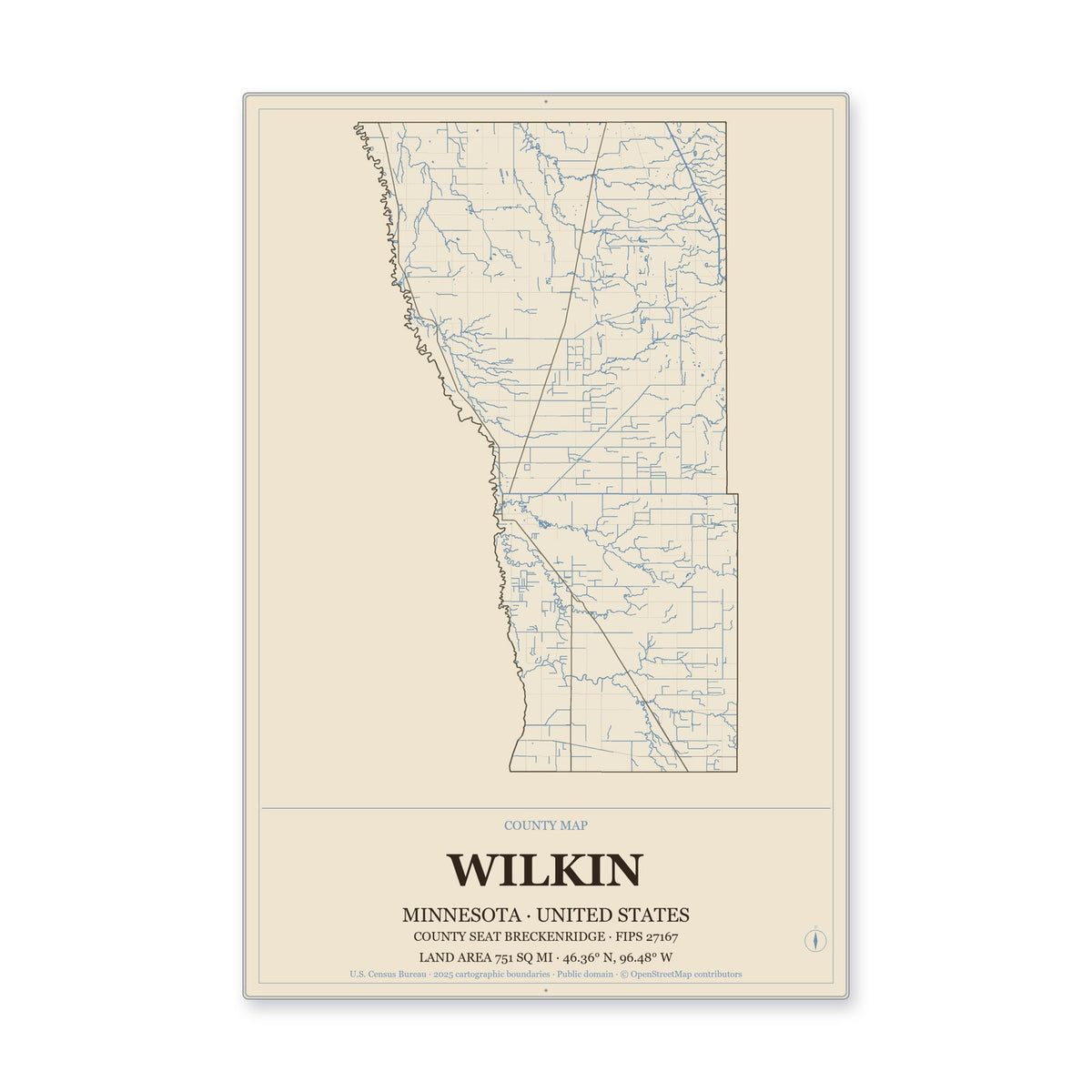 Wilkin County, Minnesota Map Aluminum Sign in Heritage Nautical style