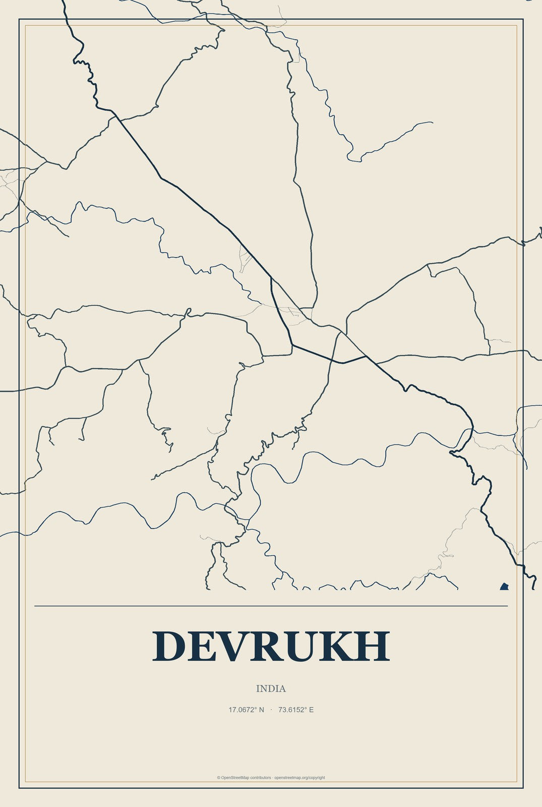 Devrukh, India City Map Aluminum Sign in Coastal Cutout style
