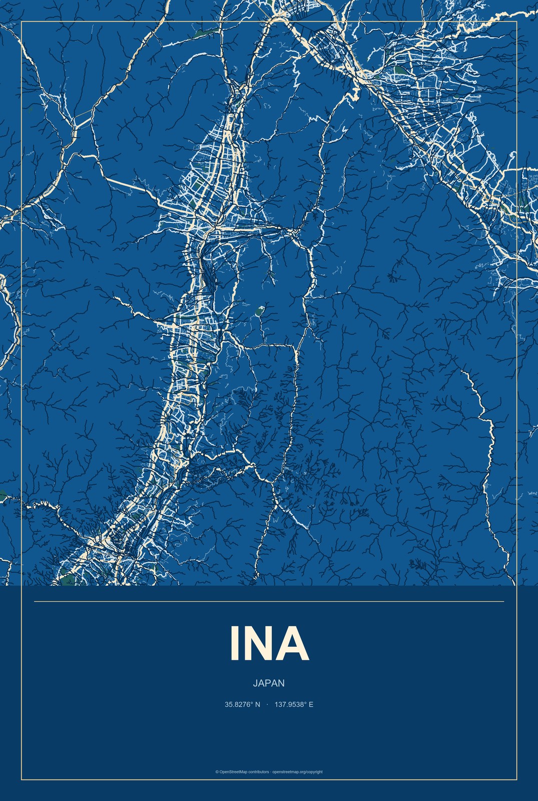 Ina, Japan City Map Aluminum Sign in Harbor Cobalt style
