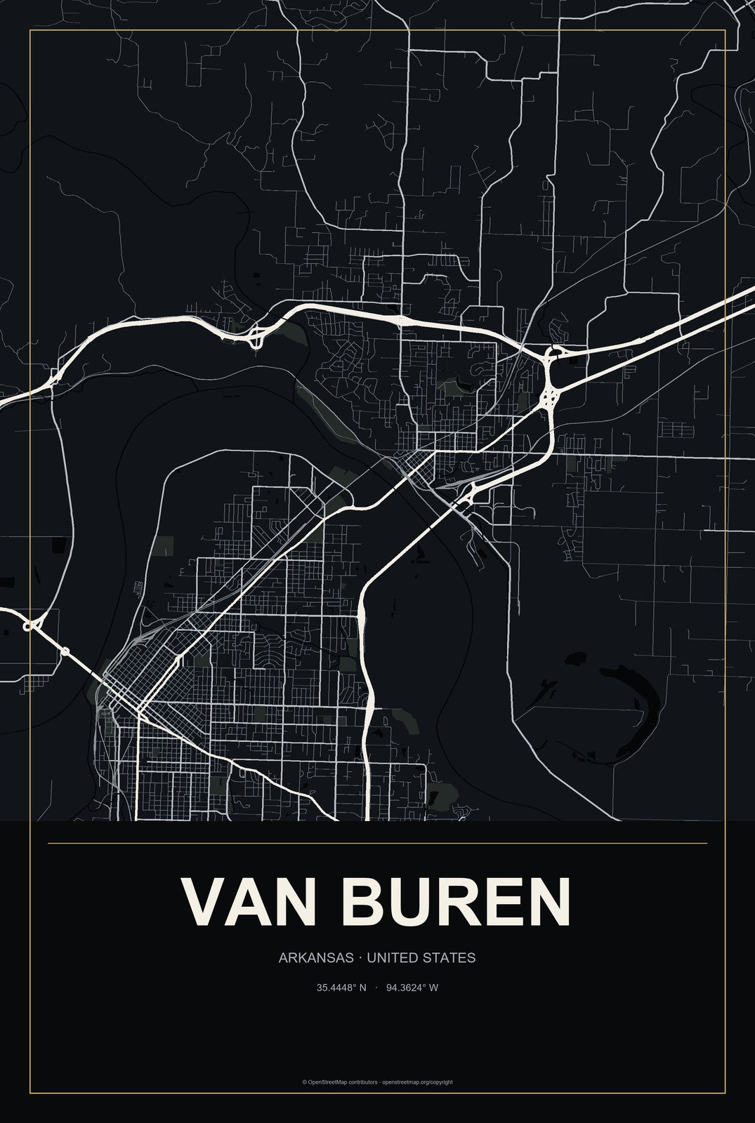 Van Buren, Arkansas City Map Aluminum Sign in Metropolitan Noir style