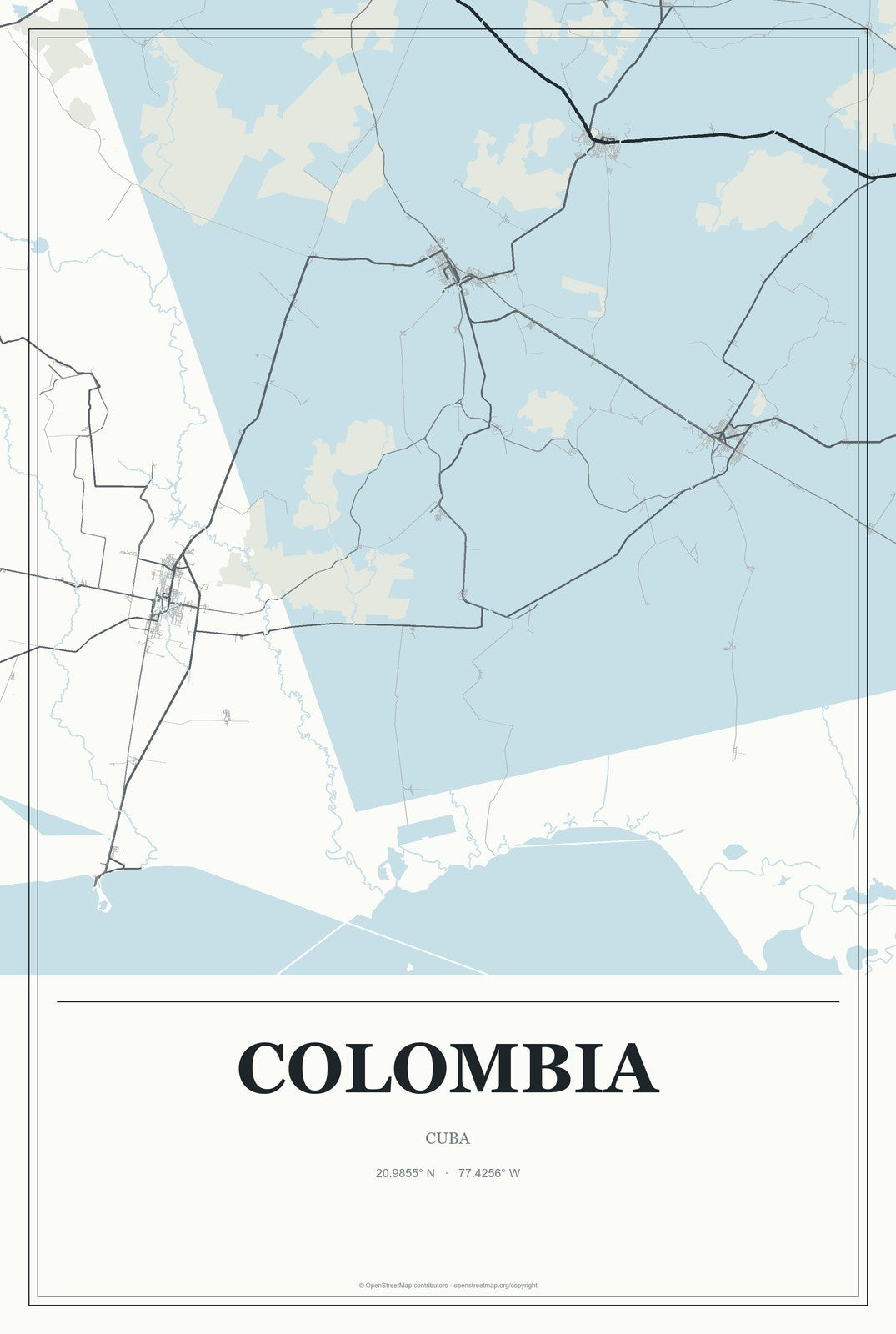 Colombia, Cuba City Map Aluminum Sign in Gallery Air style