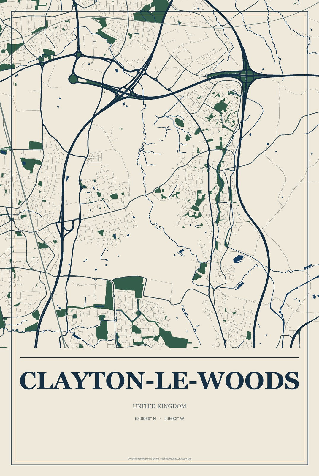 Clayton-le-Woods, United Kingdom City Map Aluminum Sign in Coastal Cutout style