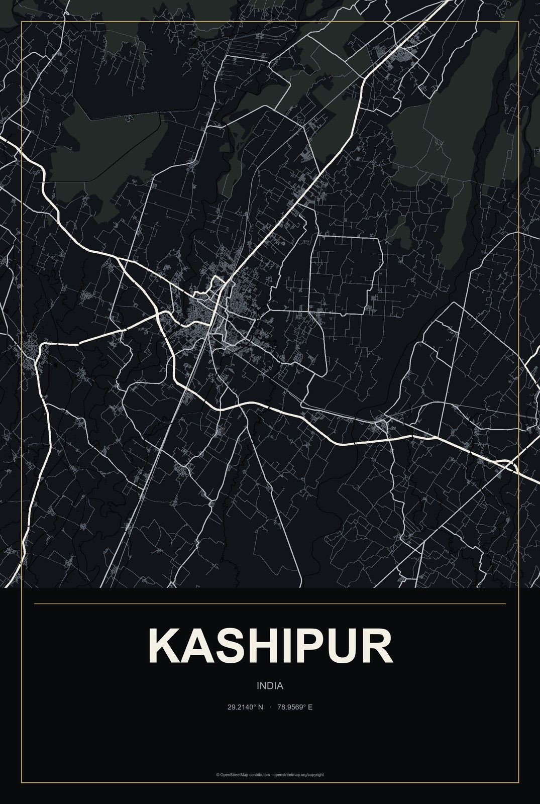 Kashipur, India City Map Aluminum Sign in Metropolitan Noir style