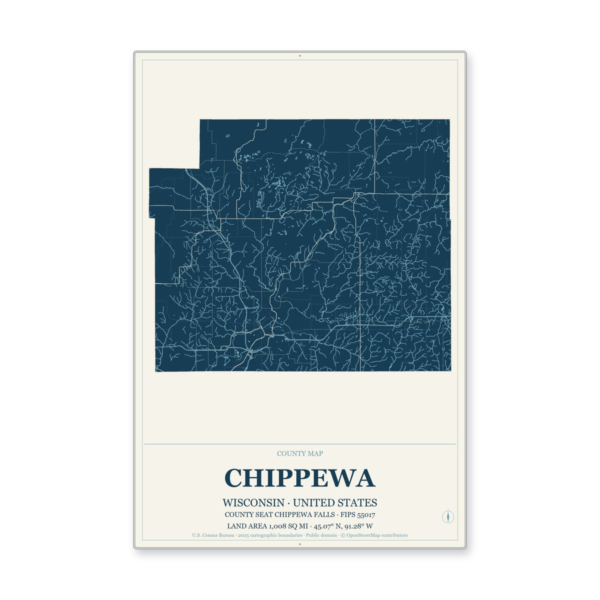 Chippewa County, Wisconsin Map Aluminum Sign in Coastal Cutout style