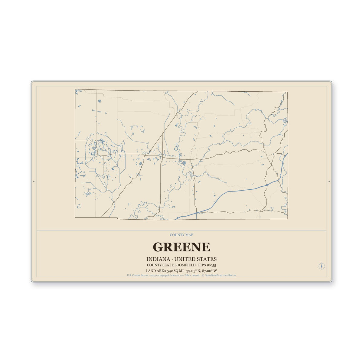 Greene County, Indiana Map Aluminum Sign in Heritage Nautical style