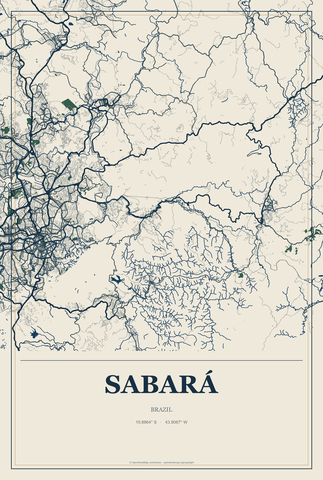 Sabará, Brazil City Map Aluminum Sign in Coastal Cutout style
