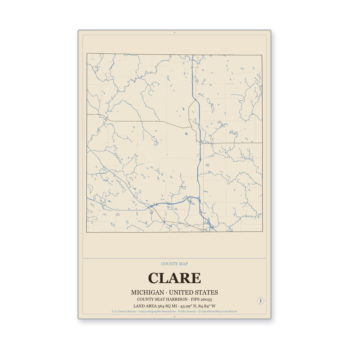 Clare County, Michigan Map Aluminum Sign in Heritage Nautical style