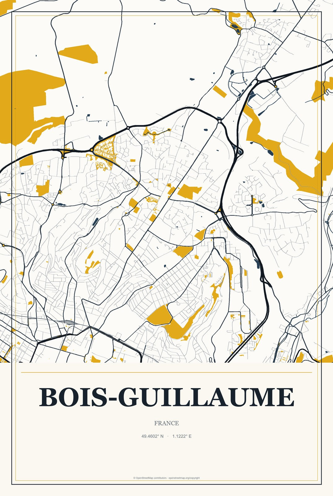 Bois-Guillaume, France City Map Aluminum Sign in Citrine Modern style