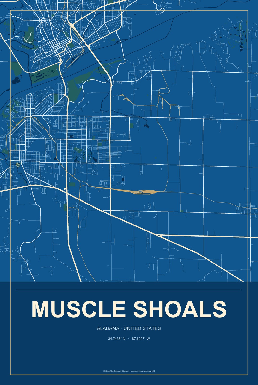 Muscle Shoals, Alabama City Map Aluminum Sign in Harbor Cobalt style