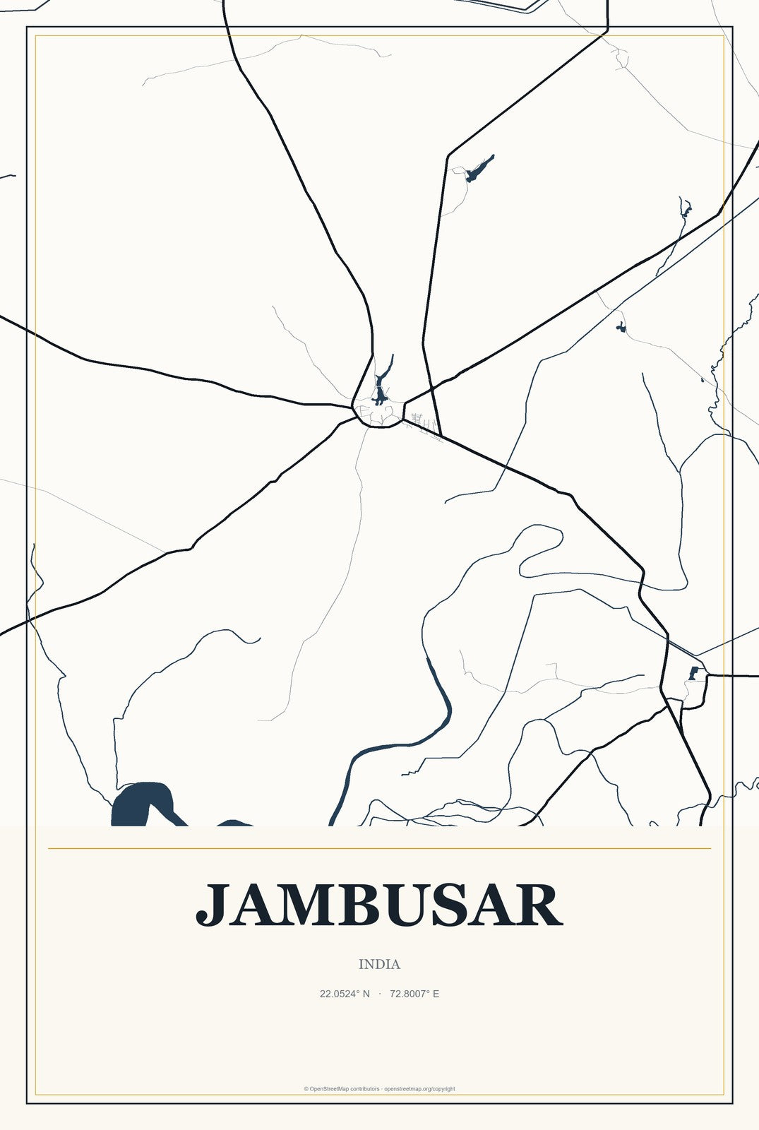 Jambusar, India City Map Aluminum Sign in Citrine Modern style