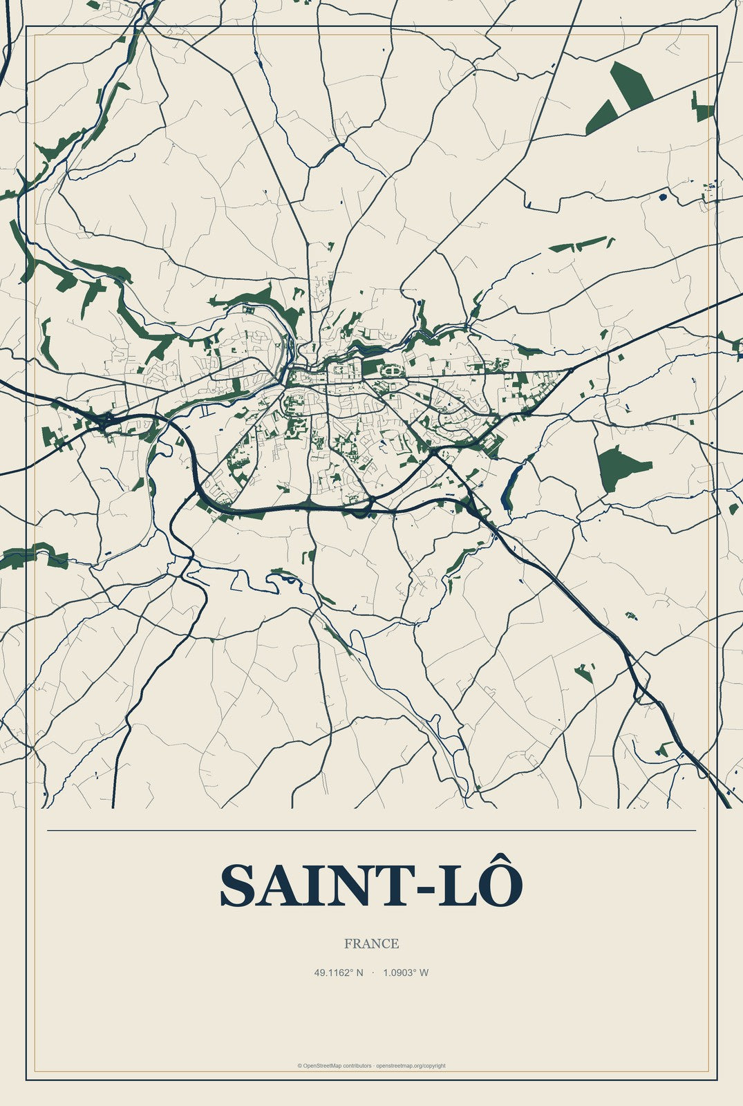 Saint-Lô, France City Map Aluminum Sign in Coastal Cutout style