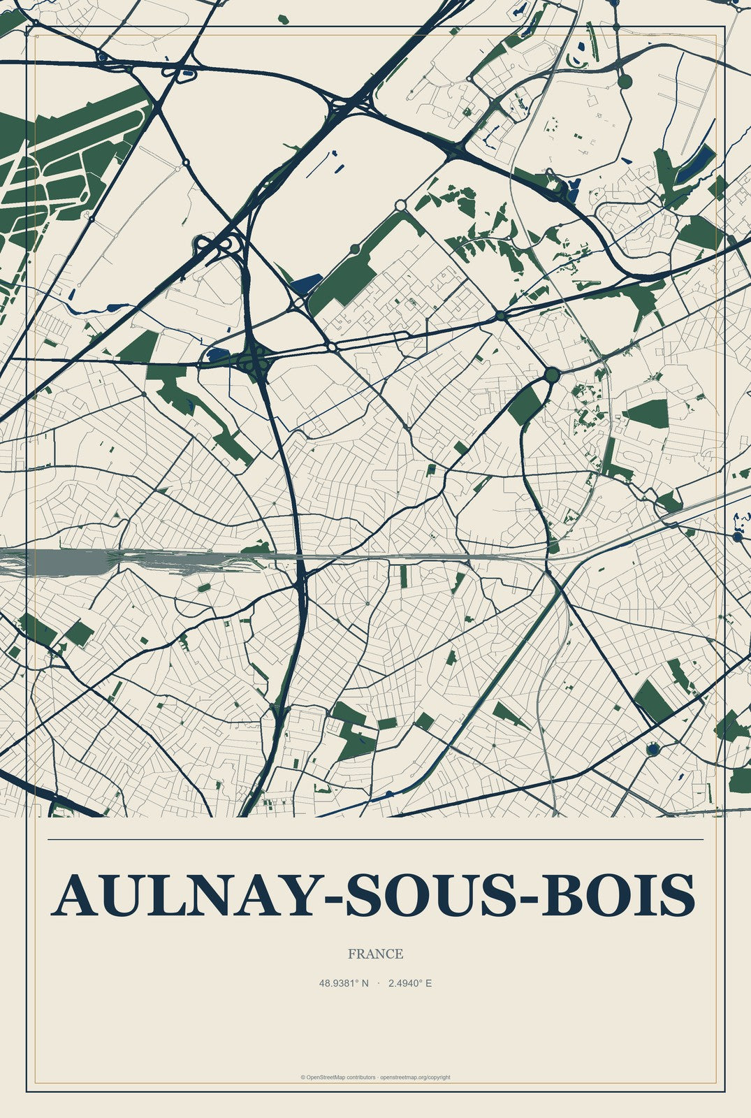 Aulnay-sous-Bois, France City Map Aluminum Sign in Coastal Cutout style