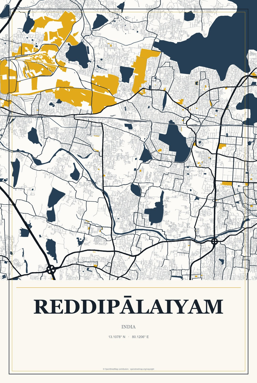 Reddipālaiyam, India City Map Aluminum Sign in Citrine Modern style