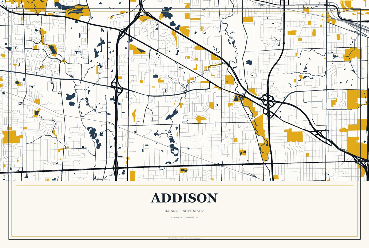 Addison, Illinois City Map Aluminum Sign in Citrine Modern style
