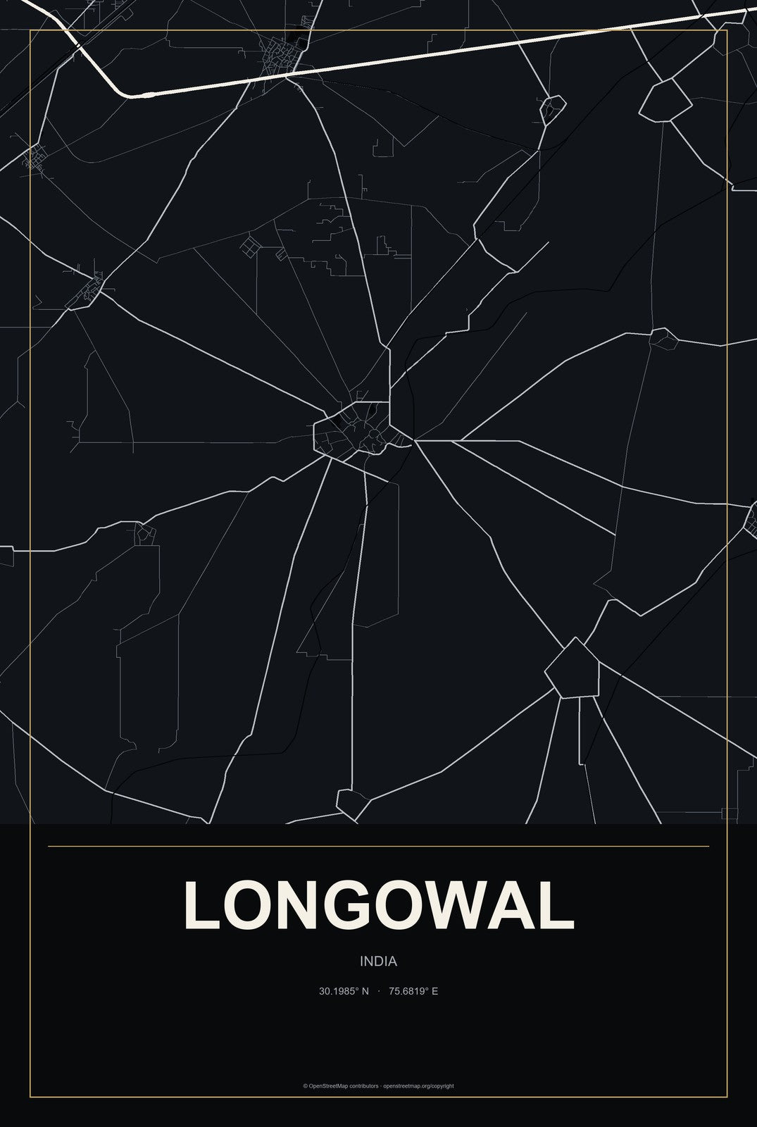 Longowal, India City Map Aluminum Sign in Metropolitan Noir style