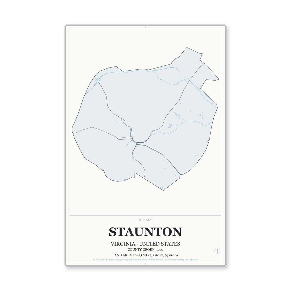 Staunton city, Virginia Map Aluminum Sign in Gallery Air style