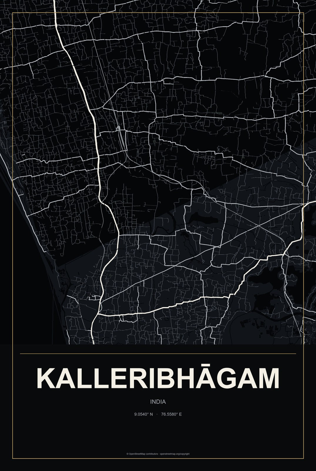 Kalleribhāgam, India City Map Aluminum Sign in Metropolitan Noir style