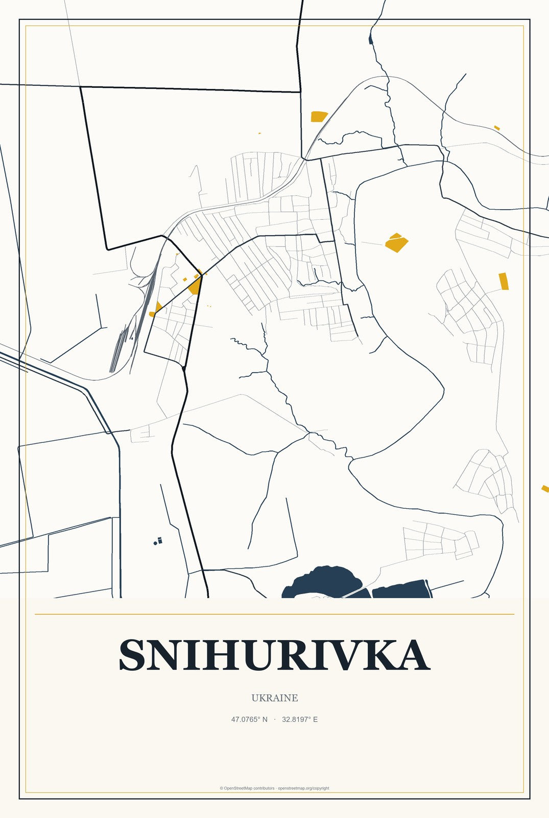 Snihurivka, Ukraine City Map Aluminum Sign in Citrine Modern style