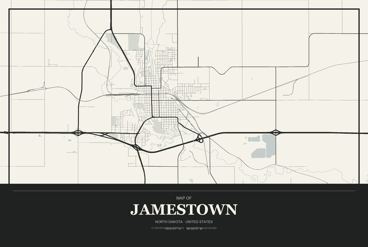 Jamestown, North Dakota City Map Aluminum Sign in Museum Plaque style