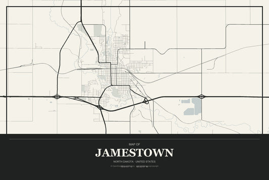 Jamestown, North Dakota City Map Aluminum Sign in Museum Plaque style