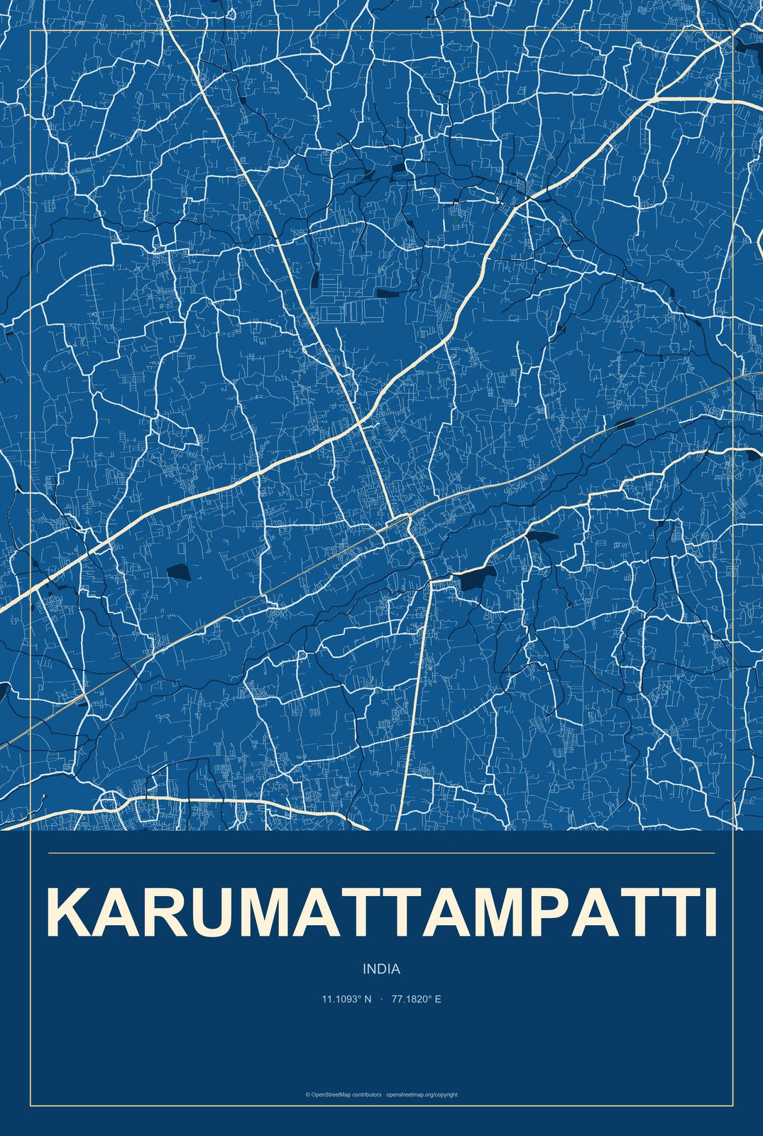 Karumattampatti, India City Map Aluminum Sign in Harbor Cobalt style