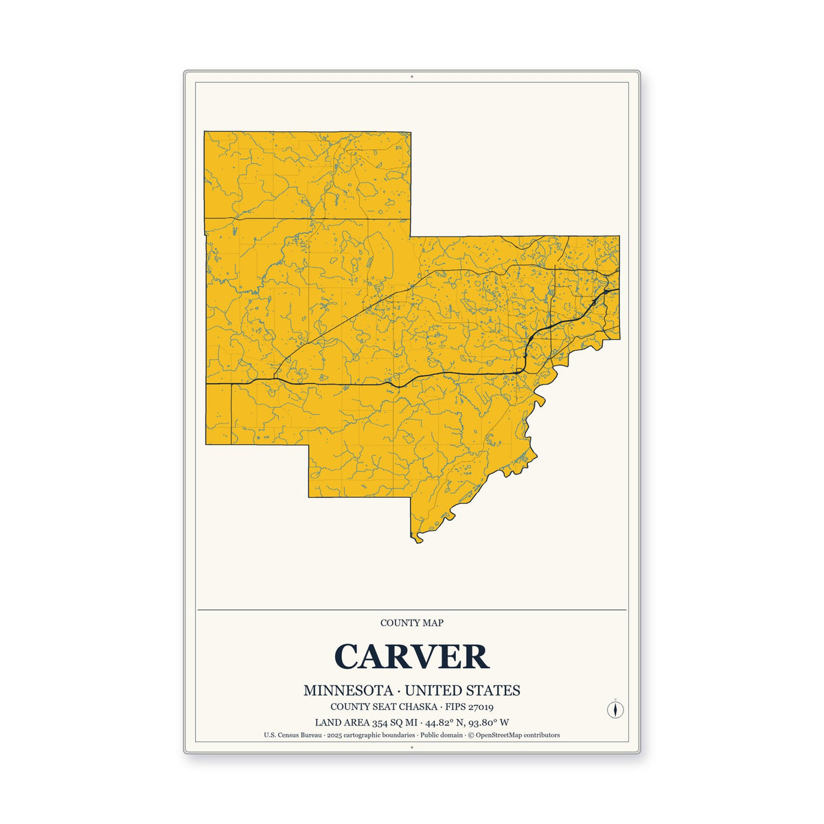 Carver County, Minnesota Map Aluminum Sign in Citrine Modern style
