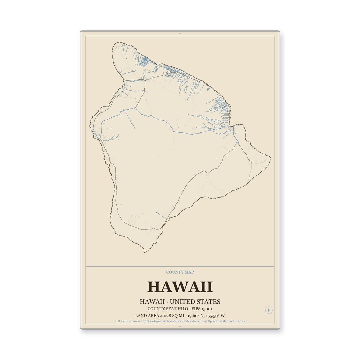Hawaii County, Hawaii Map Aluminum Sign in Heritage Nautical style