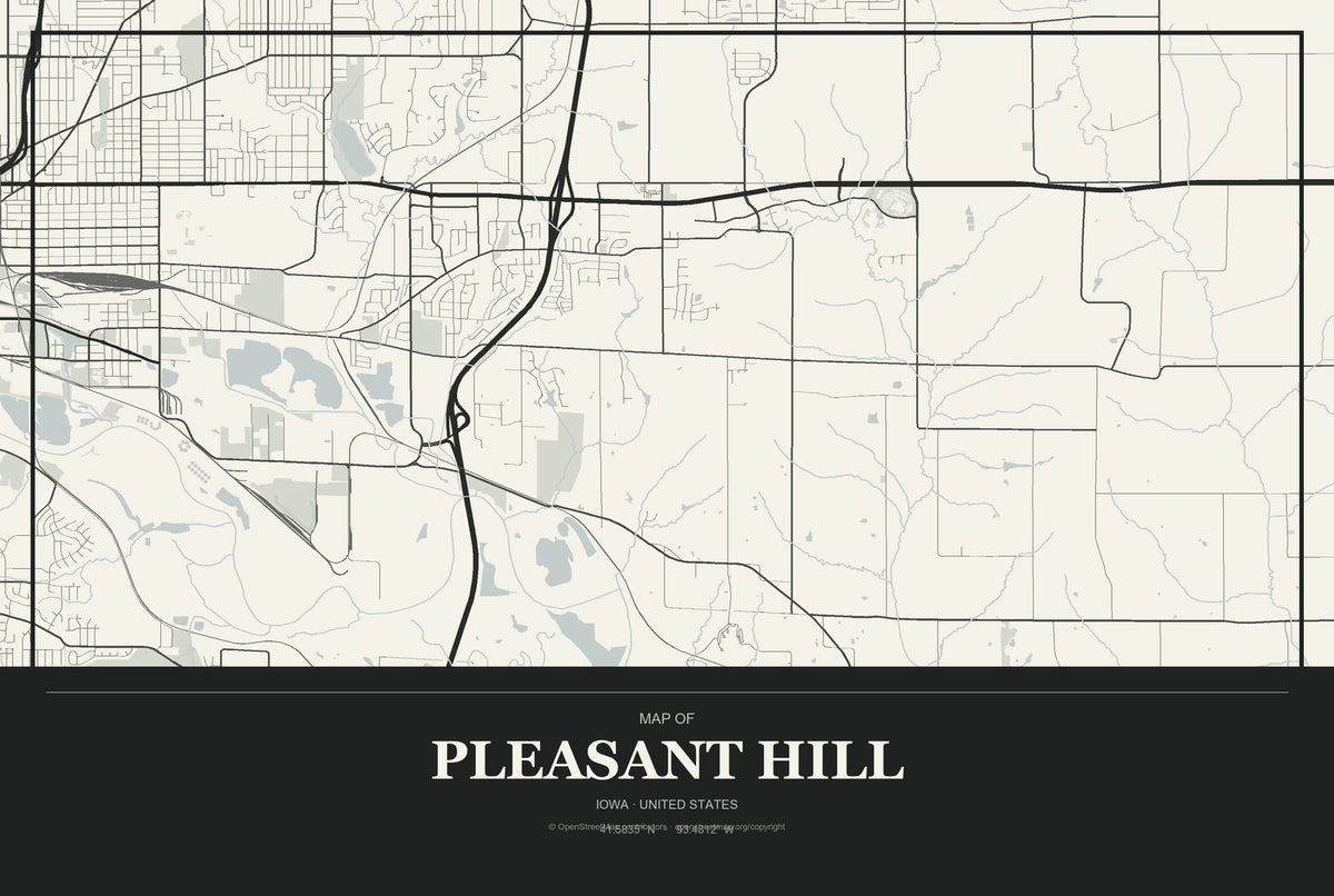 Pleasant Hill, Iowa City Map Aluminum Sign in Museum Plaque style