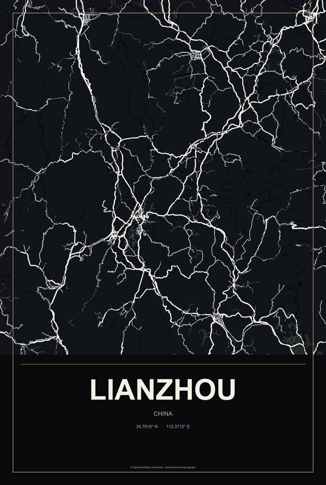 Lianzhou, China City Map Aluminum Sign in Metropolitan Noir style
