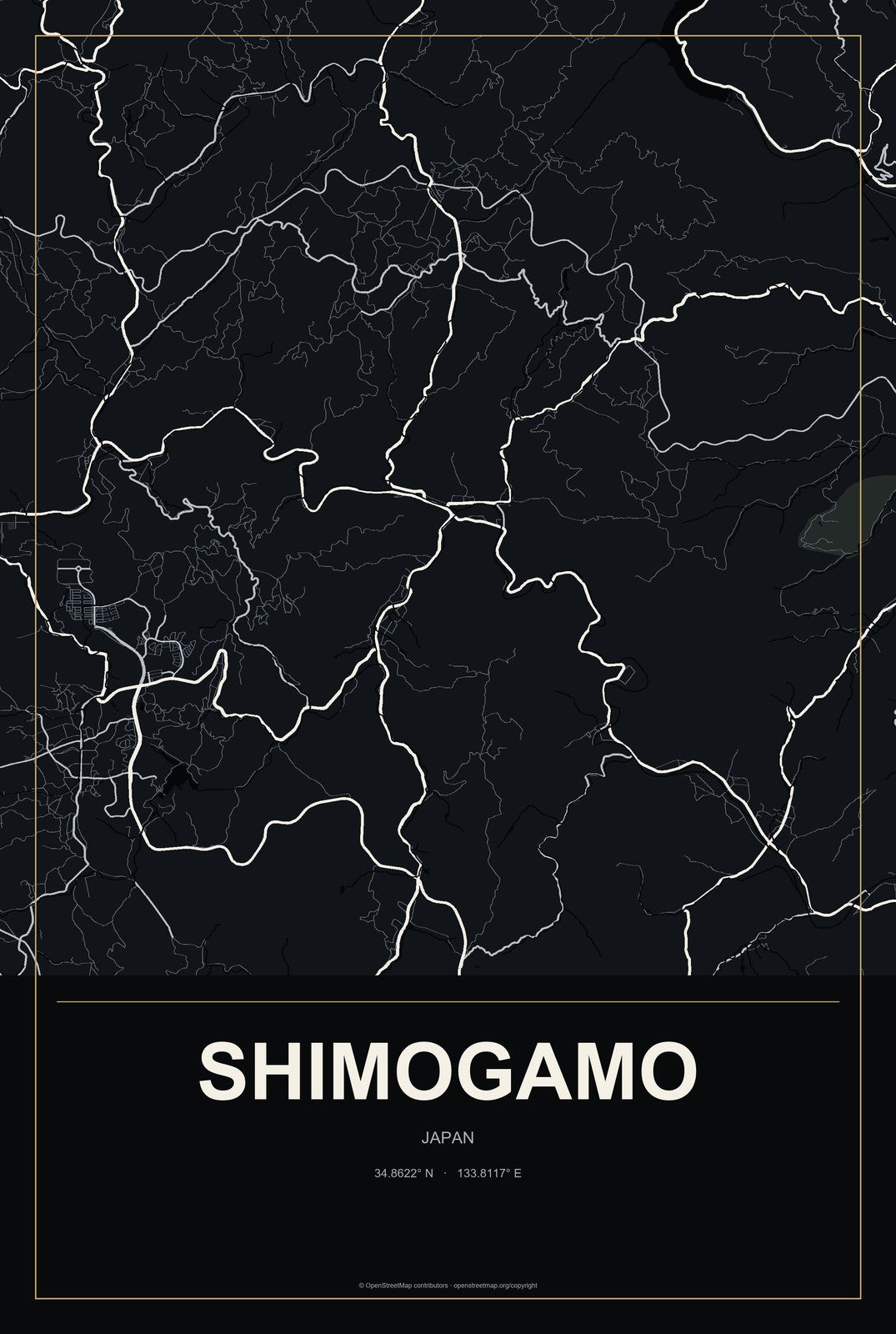 Shimogamo, Japan City Map Aluminum Sign in Metropolitan Noir style