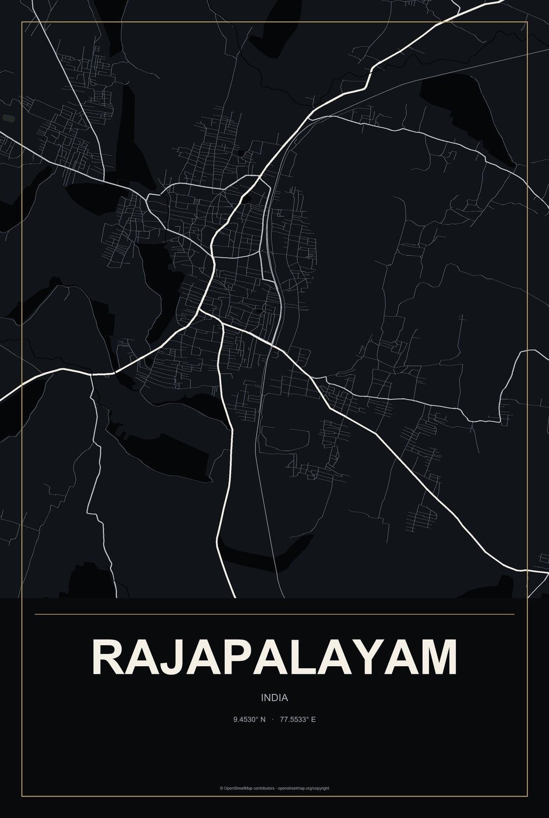 Rajapalayam, India City Map Aluminum Sign in Metropolitan Noir style
