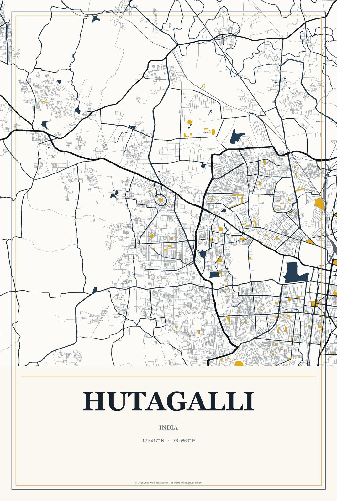 Hutagalli, India City Map Aluminum Sign in Citrine Modern style