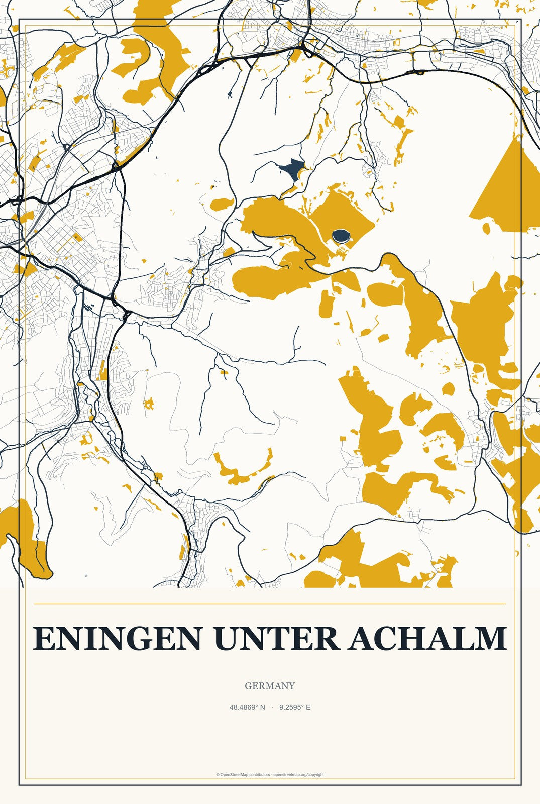 Eningen unter Achalm, Germany City Map Aluminum Sign in Citrine Modern style