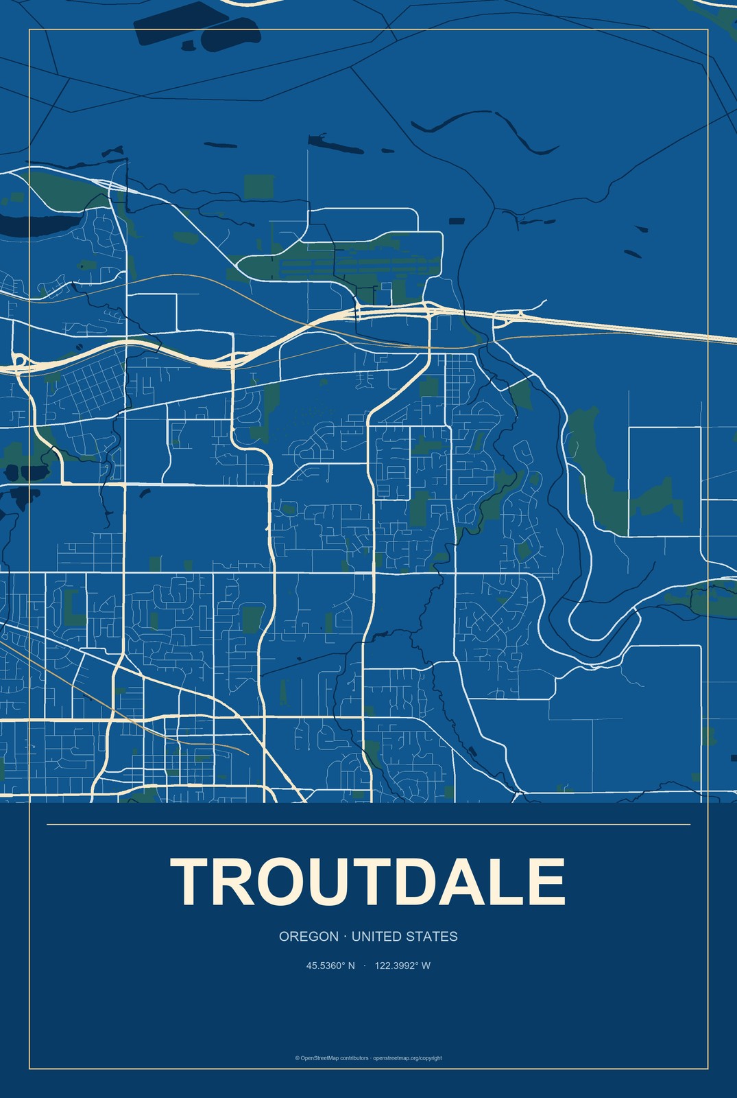 Troutdale, Oregon City Map Aluminum Sign in Harbor Cobalt style