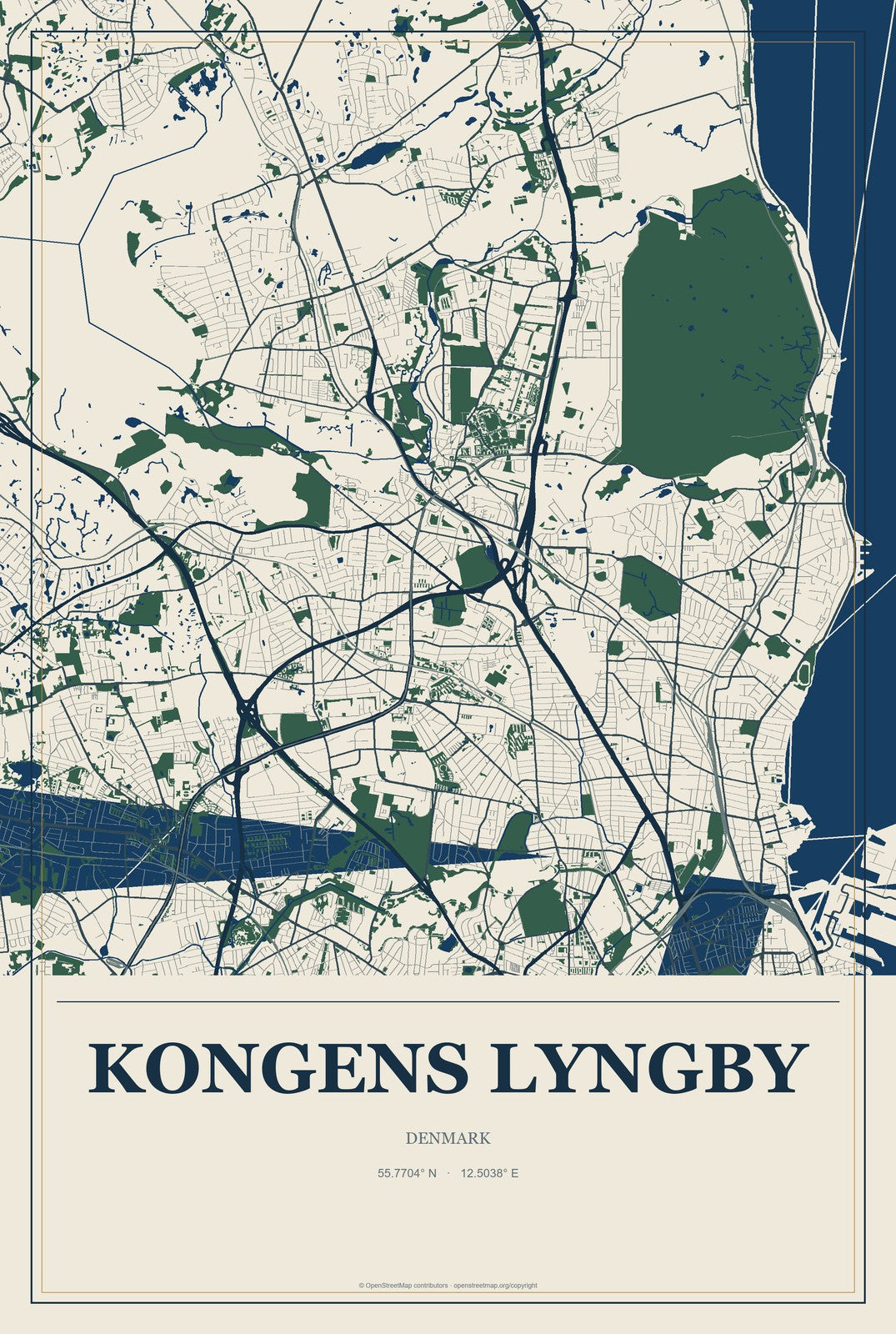 Kongens Lyngby, Denmark City Map Aluminum Sign in Coastal Cutout style