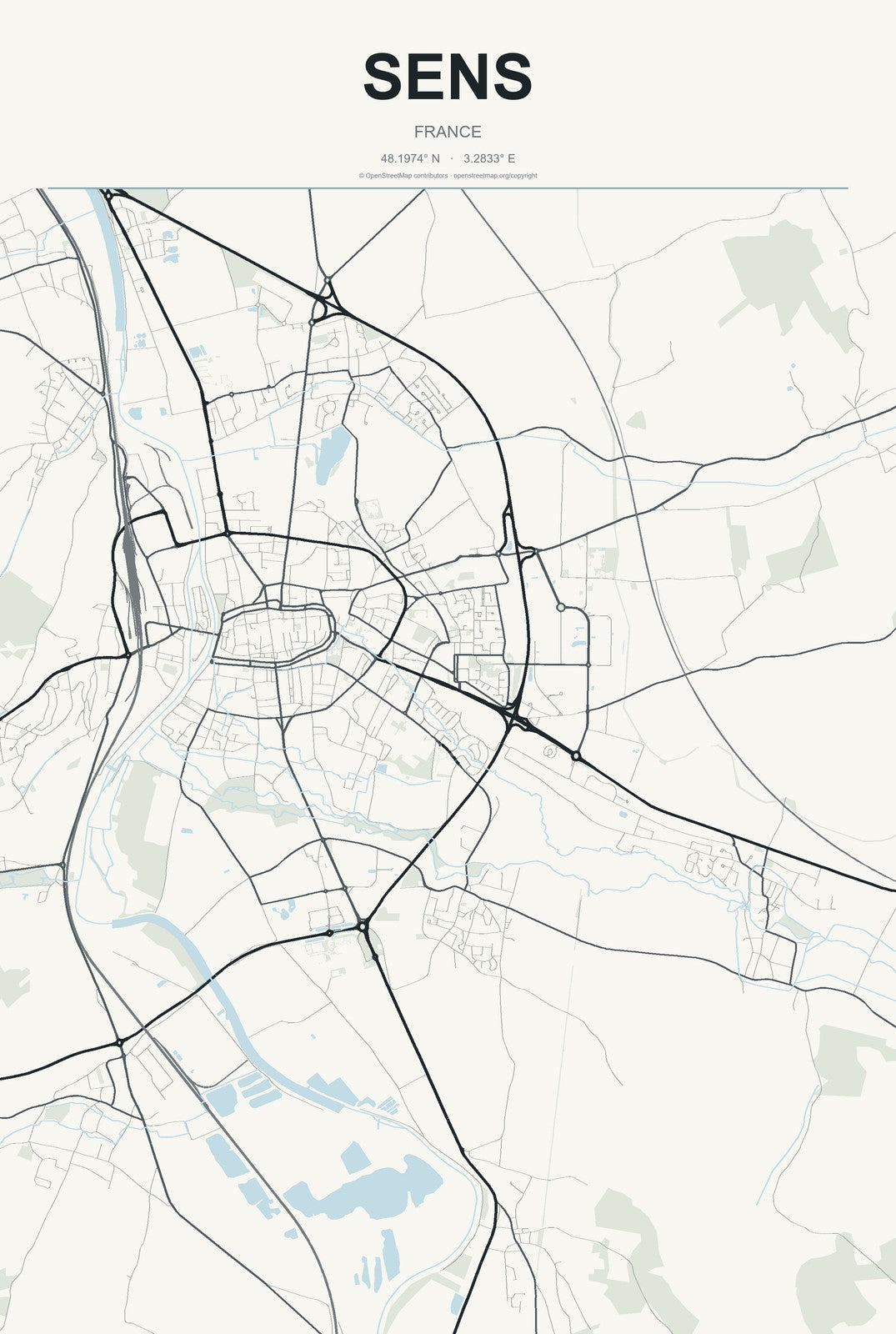 Sens, France City Map Aluminum Sign in Headline Atlas style