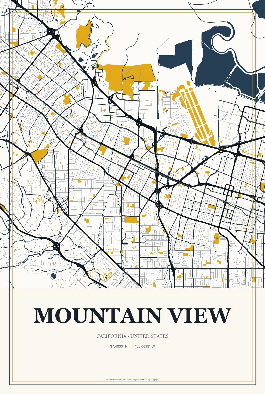 Mountain View, California City Map Aluminum Sign in Citrine Modern style