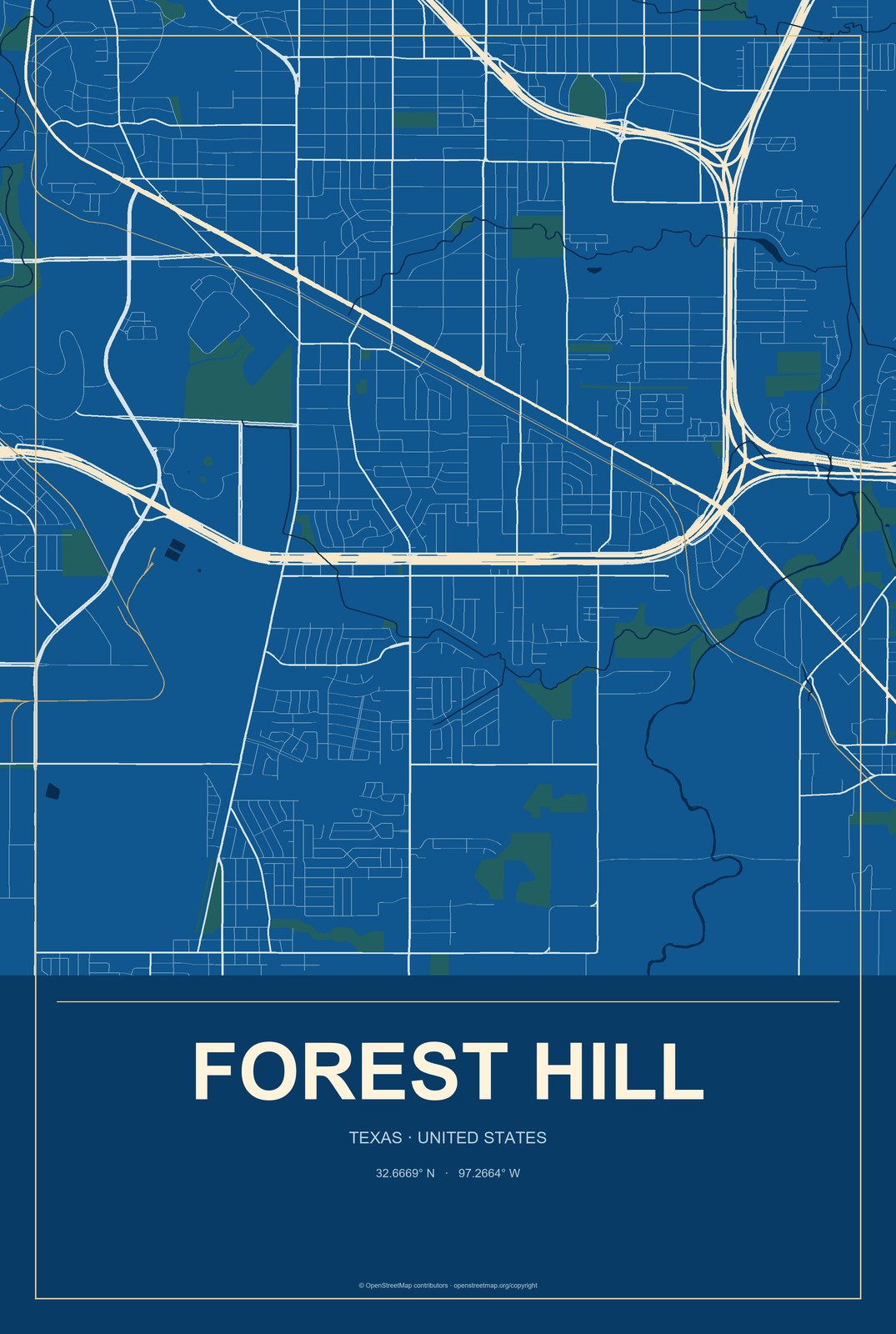 Forest Hill, Texas City Map Aluminum Sign in Harbor Cobalt style
