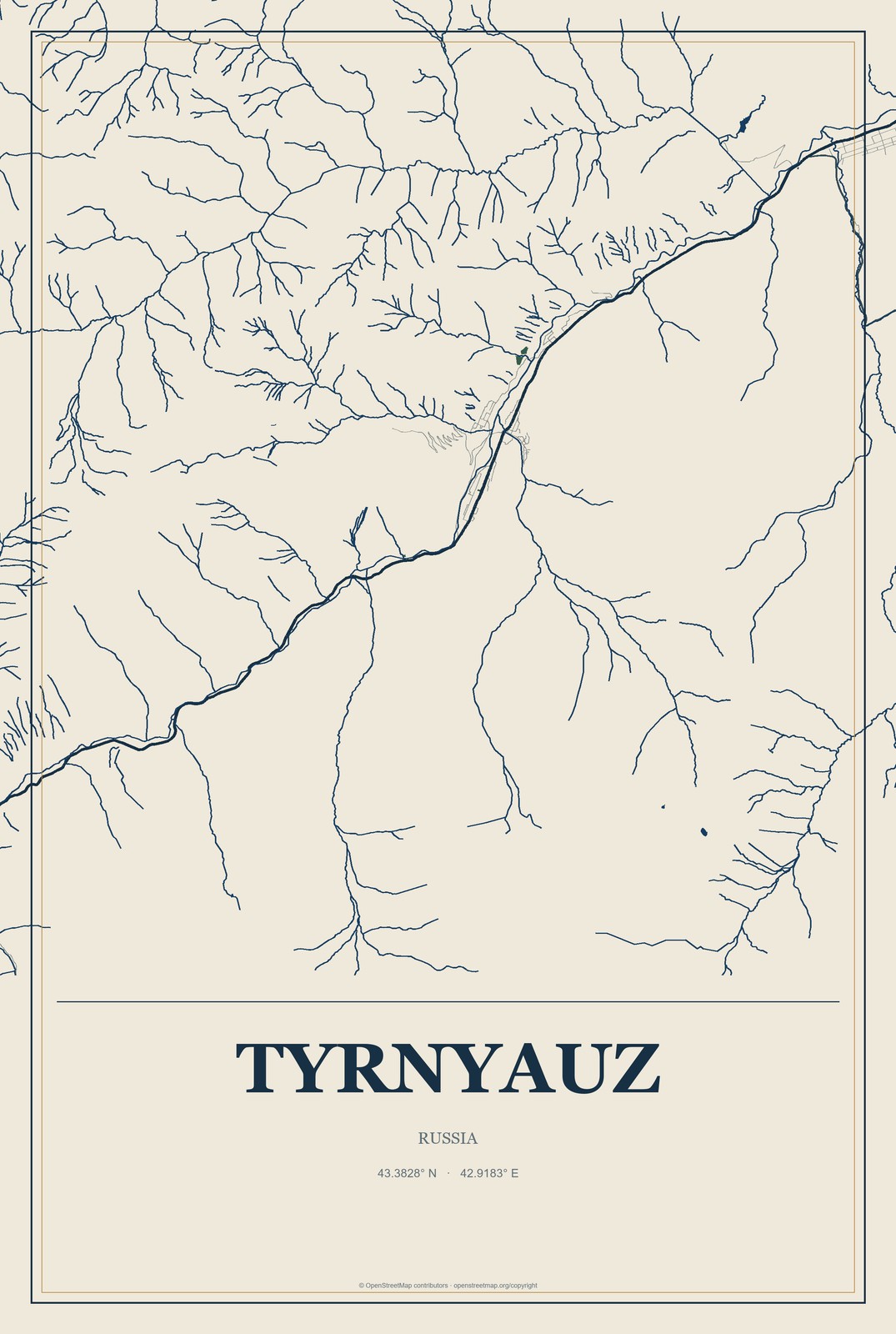 Tyrnyauz, Russia City Map Aluminum Sign in Coastal Cutout style