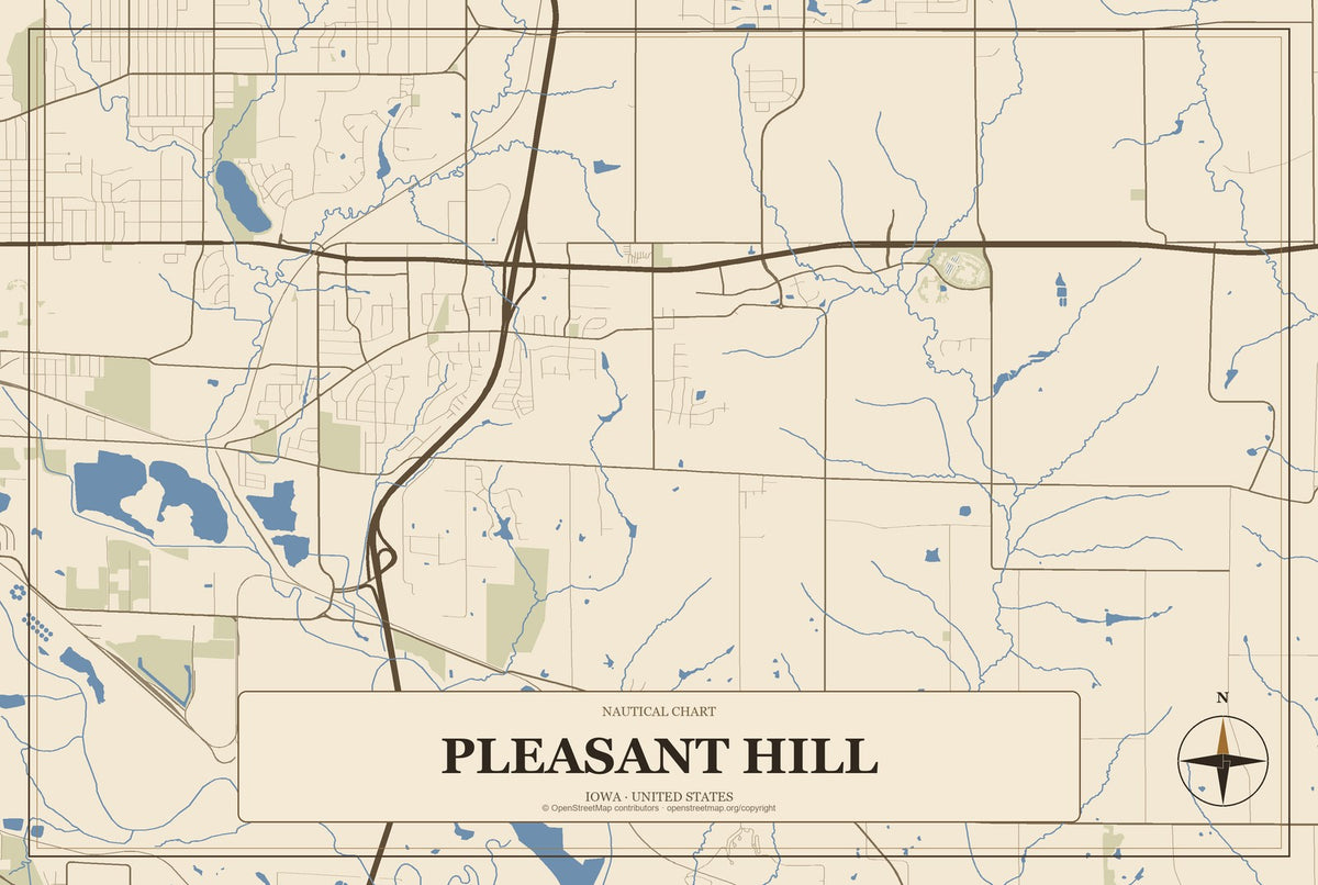 Pleasant Hill, Iowa City Map Aluminum Sign in Heritage Nautical style
