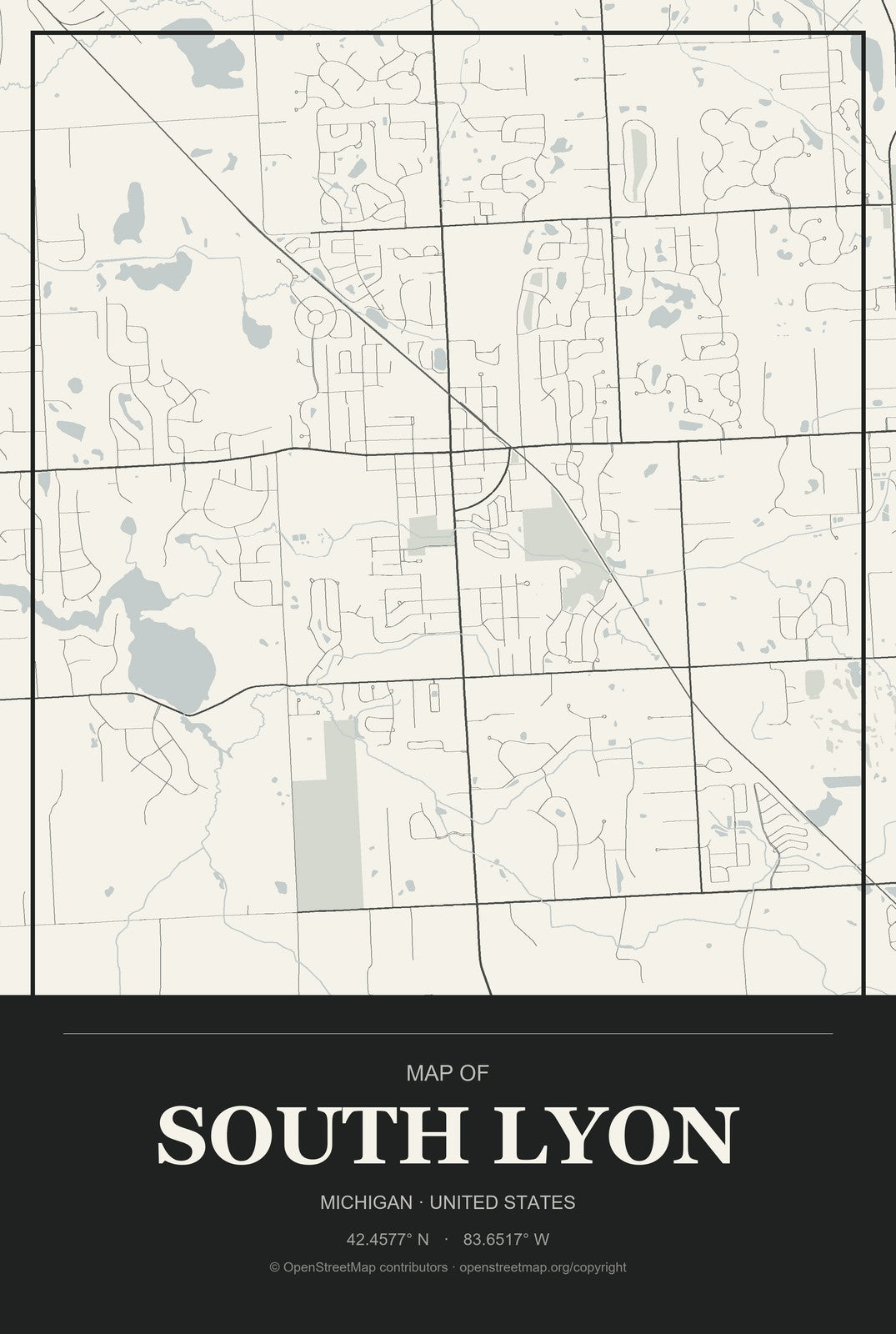 South Lyon, Michigan City Map Aluminum Sign in Museum Plaque style