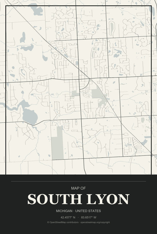 South Lyon, Michigan City Map Aluminum Sign in Museum Plaque style