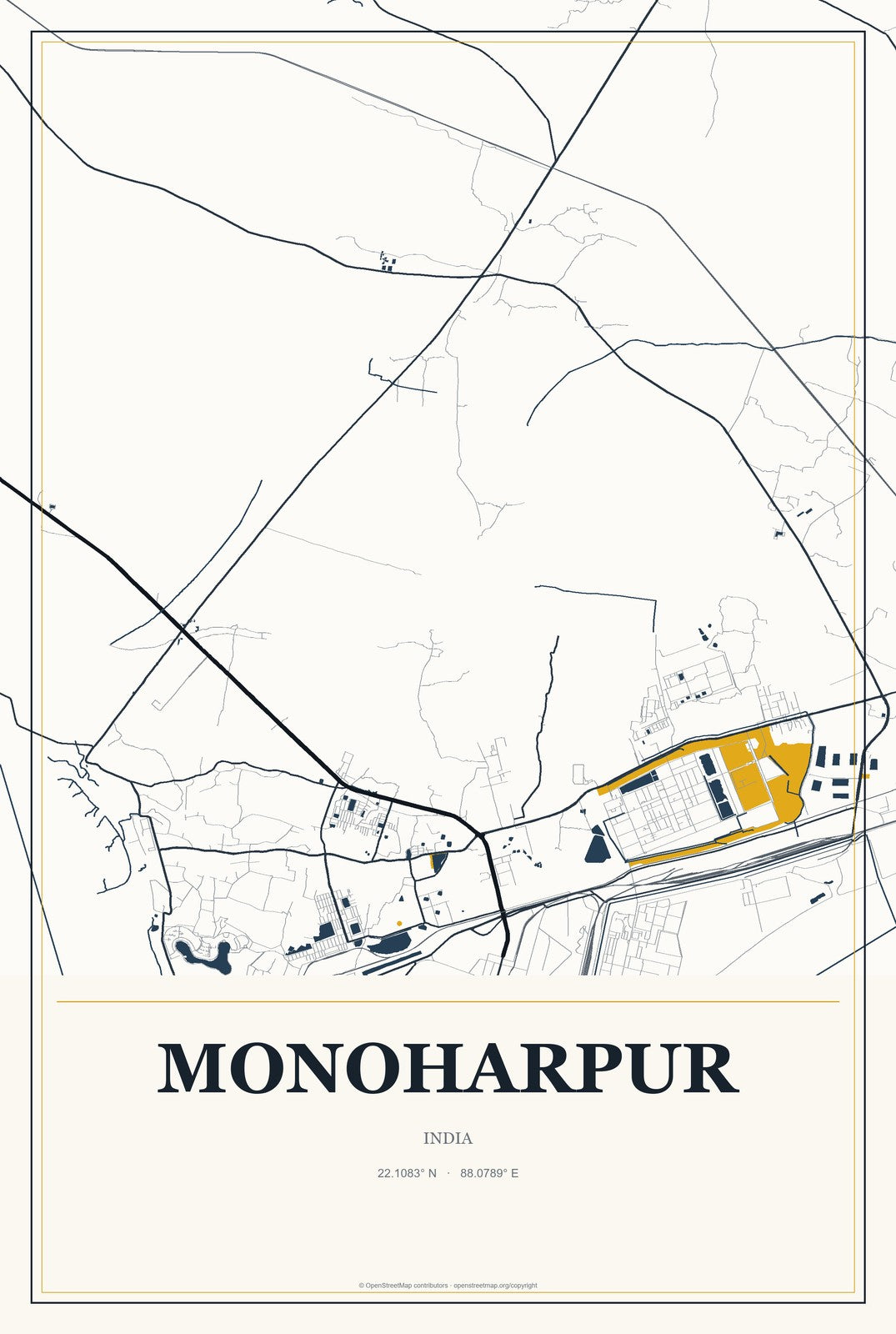 Monoharpur, India City Map Aluminum Sign in Citrine Modern style