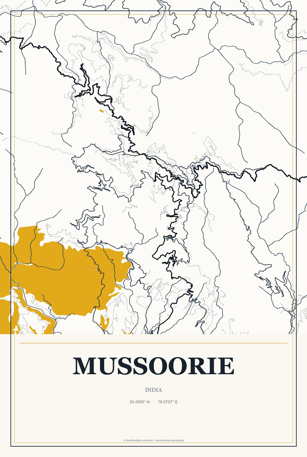 Mussoorie, India City Map Aluminum Sign in Citrine Modern style