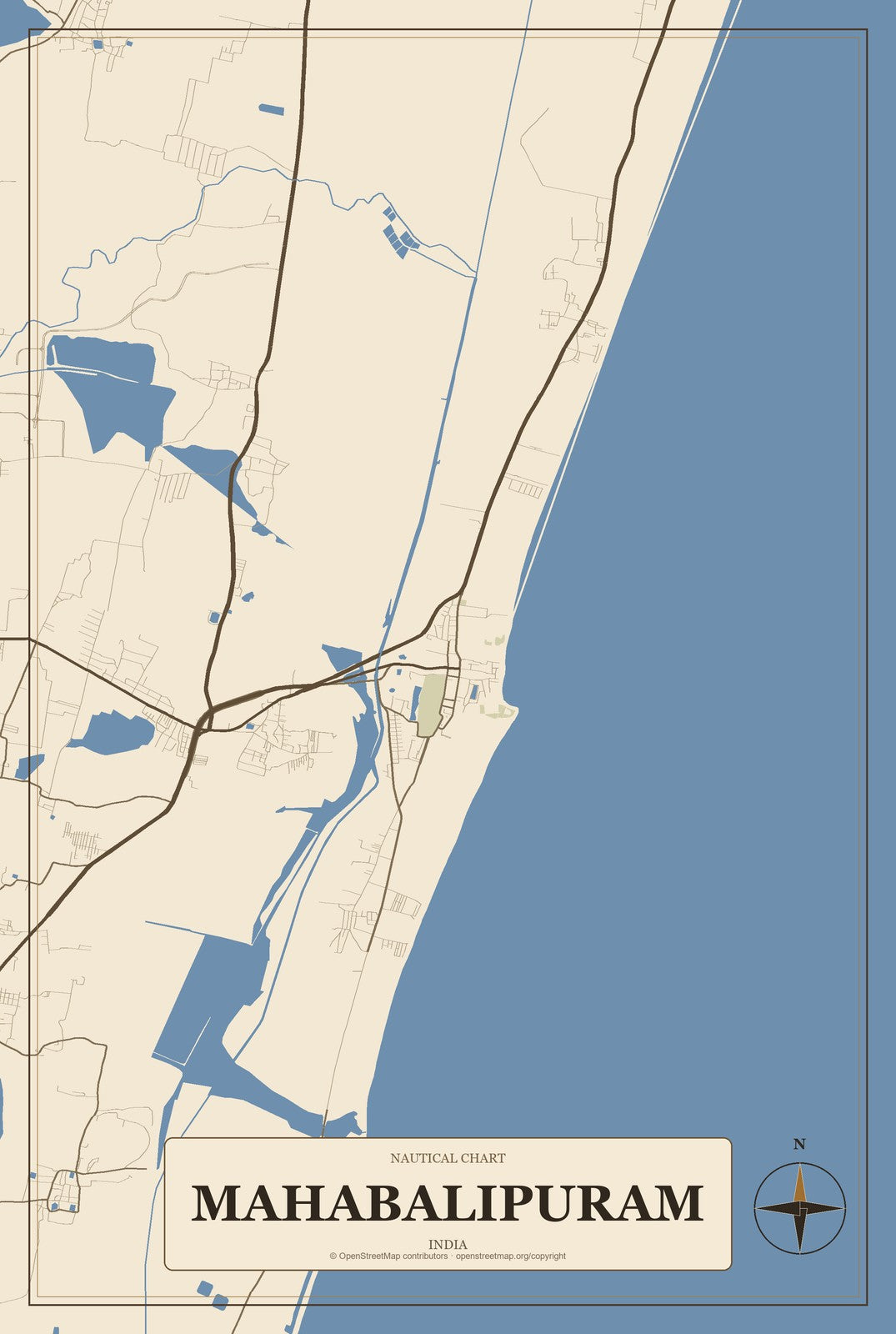 Mahabalipuram, India City Map Aluminum Sign in Heritage Nautical style