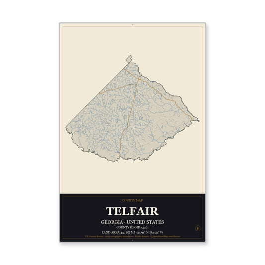 Telfair County, Georgia Map Aluminum Sign in Museum Plaque style