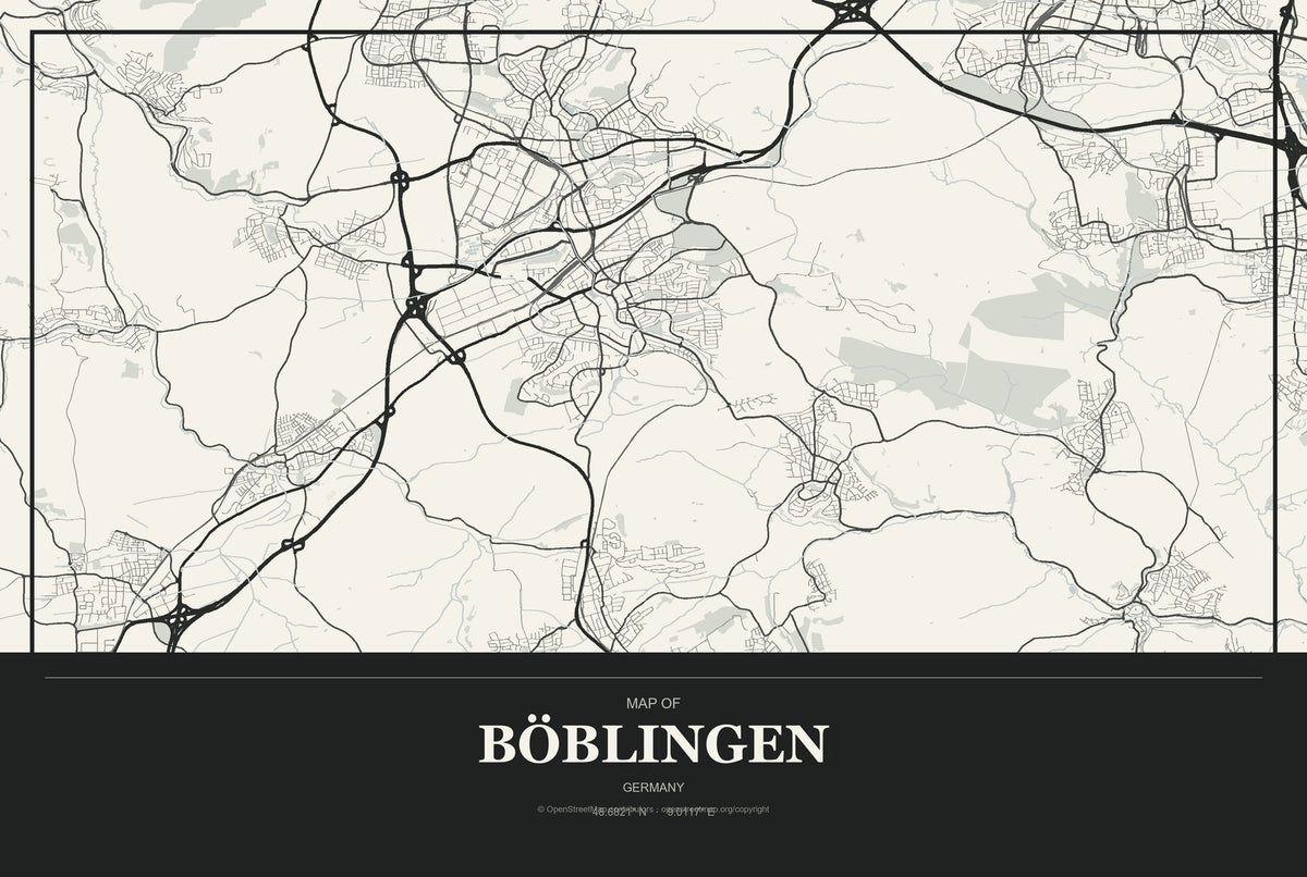 Böblingen, Germany City Map Aluminum Sign in Museum Plaque style