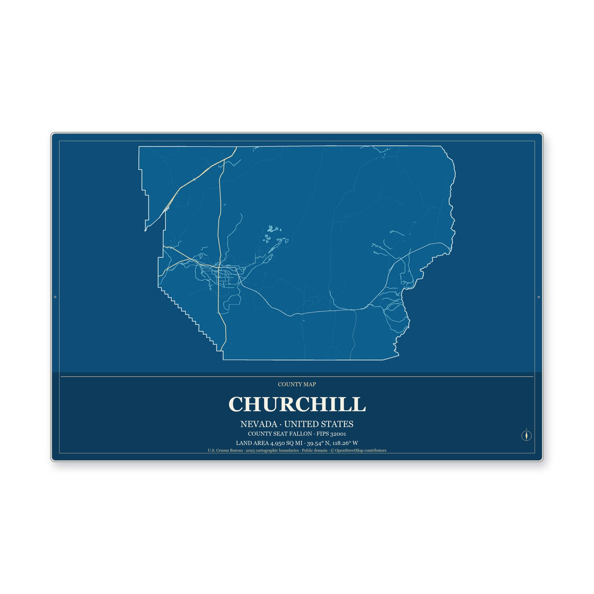 Churchill County, Nevada Map Aluminum Sign in Harbor Cobalt style