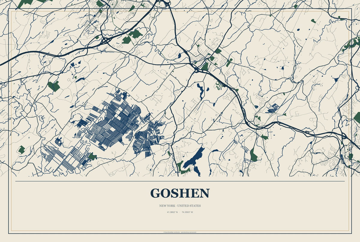 Goshen, New York City Map Aluminum Sign in Coastal Cutout style