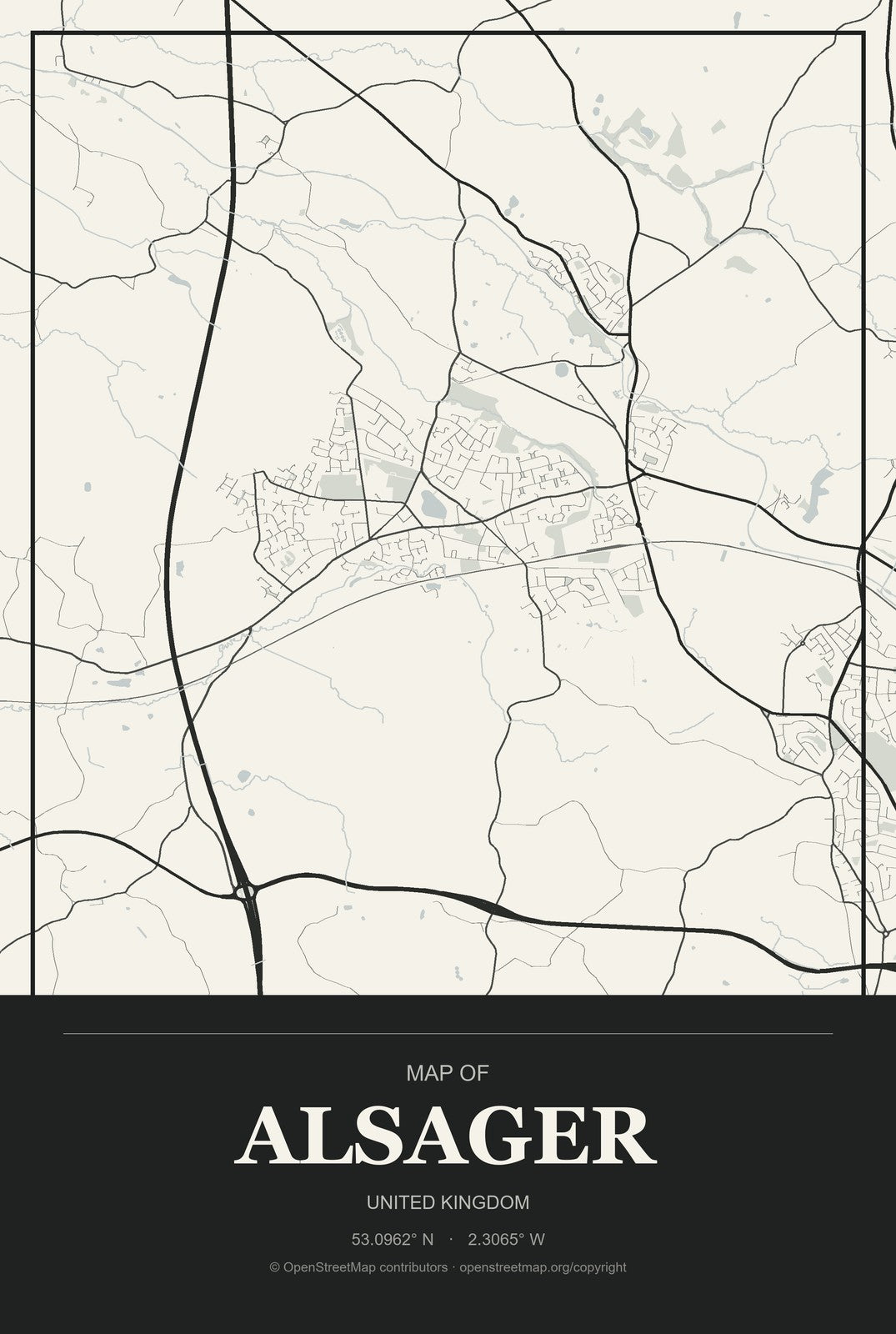 Alsager, United Kingdom City Map Aluminum Sign in Museum Plaque style